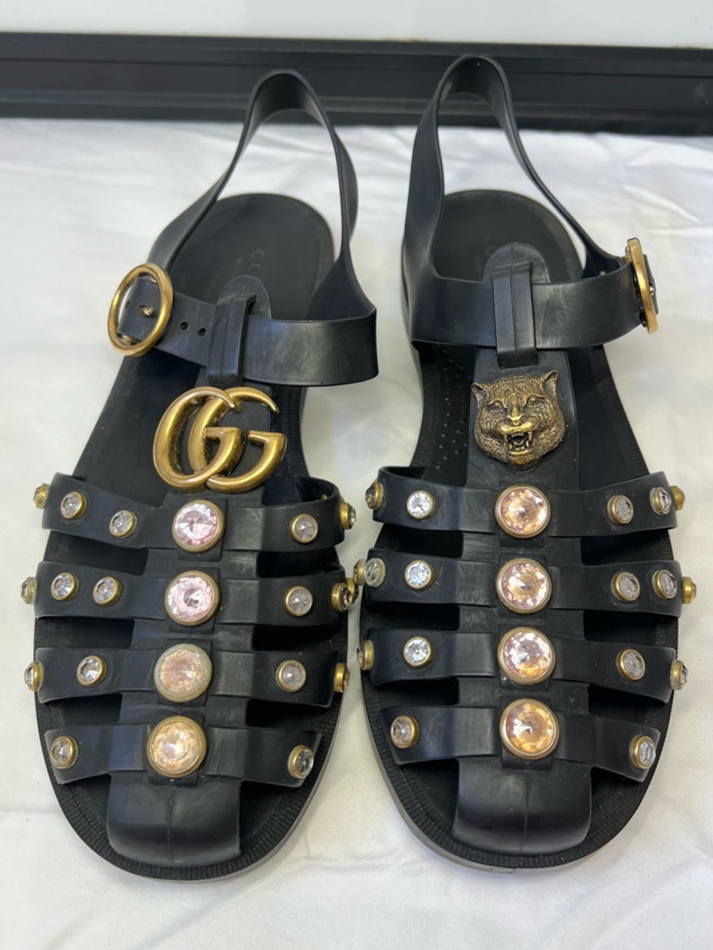 Gucci Black Jelly Rubber Gladiator Sandals Rhinestone Gem Jewels 38